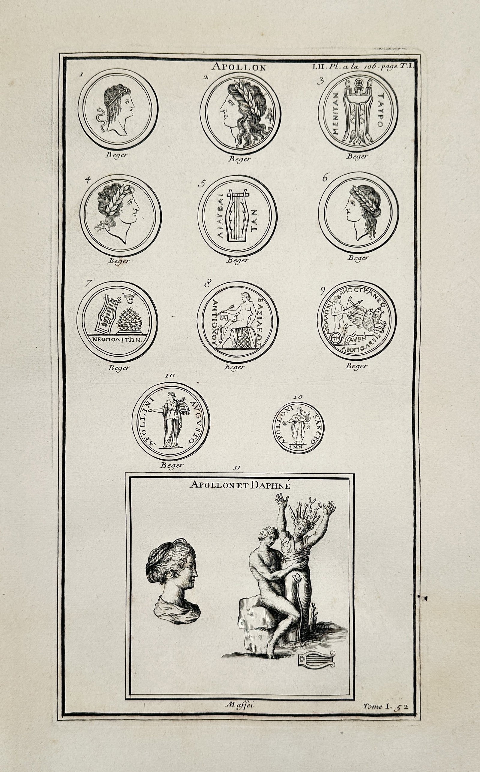 Bernard de Montfaucon – Representations of Apollo and Daphne – Copper Engraving (1719–1724): "Apollon et Daphne" illustrates a comprehensive study of the Greek god Apollo, featuring a collection of numismatic engravings showing his profile and various symbols such as the lyre and the tripod.