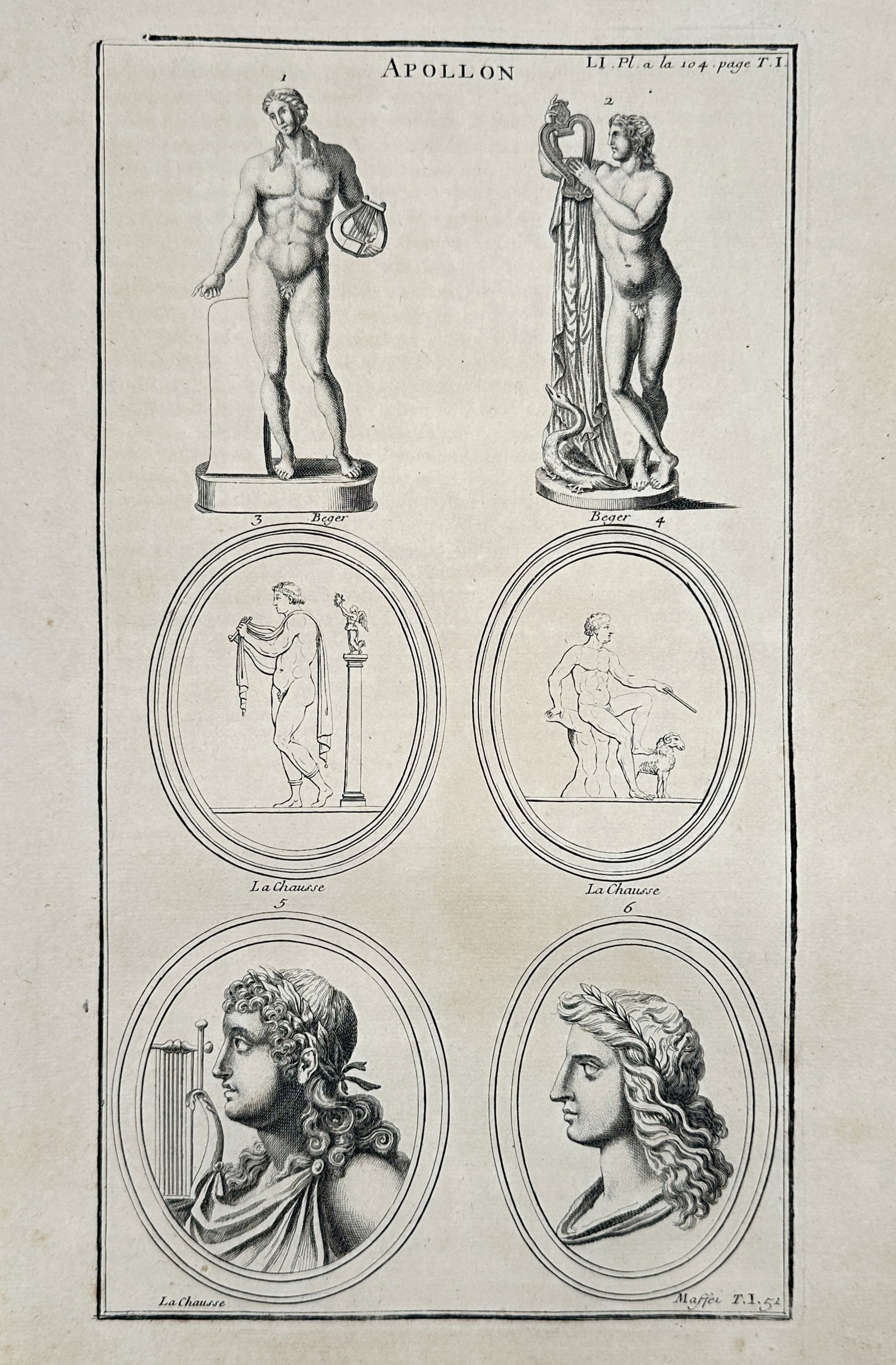 Bernard de Montfaucon (1655–1741) – Classical Studies of Apollo – Copper Engraving: "Apollon" illustrates a comparative study of the Greek god Apollo, featuring two full-length sculptural figures at the top and four oval cameos or medals below. The depictions highlight his traditiona