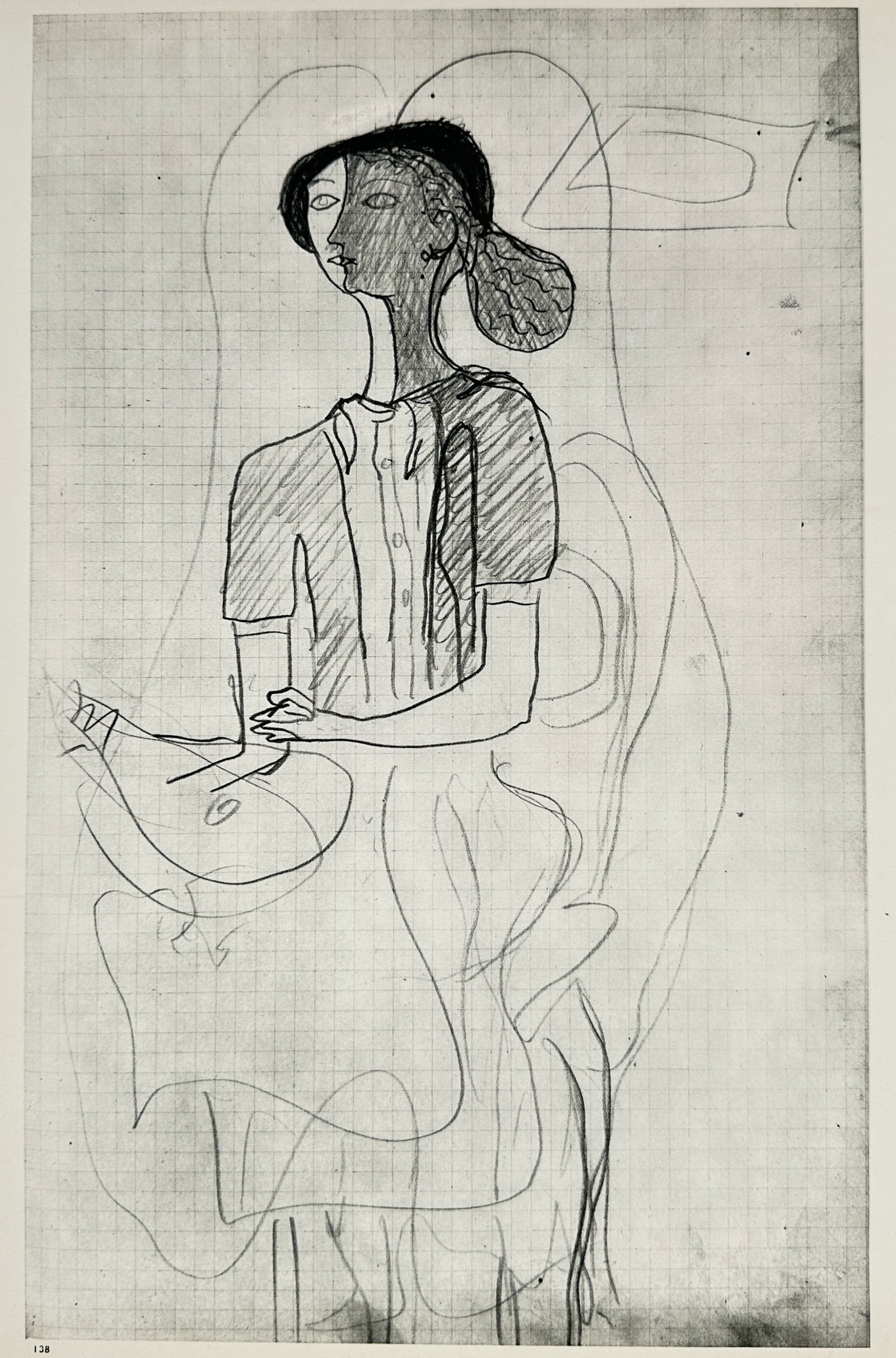 Georges Braque (1882–1963), after – Standing Female Figure – Offset print (20th Century): "Standing Female Figure" illustrates a woman with a divided face and tied hair, rendered with fine line work over a grid pattern background. This print was published in Paris by Editions Verve as part