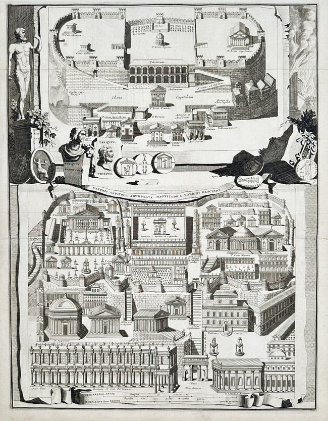 Jan Goeree (1670–1731) – Bird's-eye View of the Ancient Roman Capitol: This complex architectural engraving presents two distinct bird's-eye views of the Capitoline Hill in Rome, reconstructing its appearance during antiquity. The upper portion shows the early fortificat