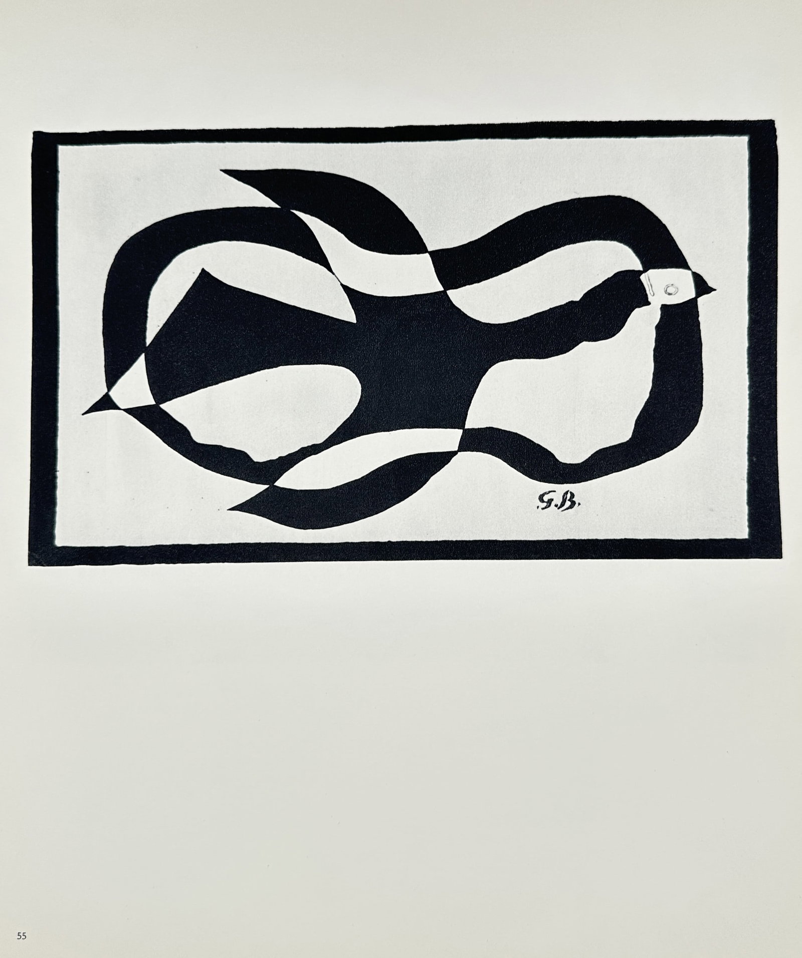 Georges Braque (1882-1963), after – Bird in Flight – Offset print (20th Century): "Bird in Flight" This work presents a bold, monochromatic composition featuring a stylized bird silhouette intertwined with flowing geometric shapes within a rectangular border. This offset print is b