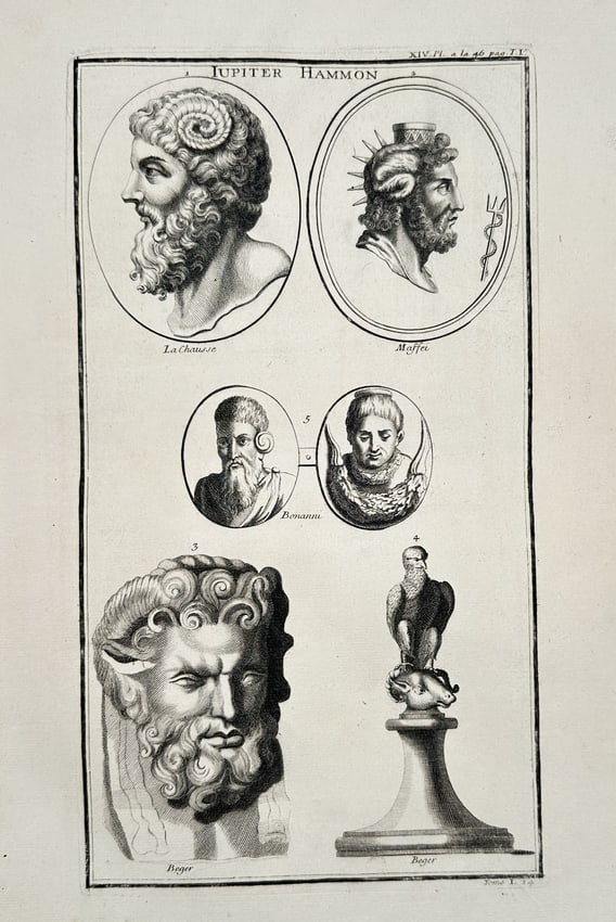 Bernard de Montfaucon (1655–1741) – Engraving of Jupiter Hammon – Engraving (1719): The plate "JUPITER HAMMON" illustrates various representations of the deity Jupiter Hammon, including profiles, busts, and a figure featuring an eagle atop a ram's head. This engraving is part of Bern