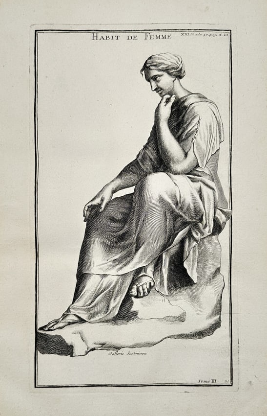 Bernard de Montfaucon (1655-1741) – Engraving of Habit de Femme – Engraving (1719): "HABIT DE FEMME" illustrates a classical female figure in seated repose, dressed in traditional drapery. This engraving is a plate from the multi-volume work L'Antiquité expliquée et représentée e