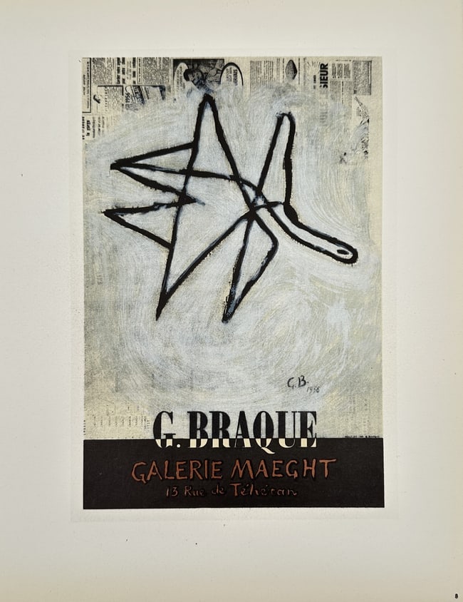 Georges Braque (1882–1963), after – Exhibition Poster for Galerie Maeght – Offset print: "G. BRAQUE GALERIE MAEGHT" depicts a dark, stylized abstract form resembling a bird or plant set against a textured, light background, promoting an exhibition at the Galerie Maeght in Paris. Georges B