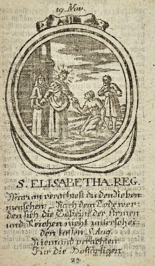 Franz Xavier Weninger (1805–1888) – Engraving of Saint Elizabeth of Hungary – Engraving: "S. ELISABETHA REG." depicts Saint Elizabeth of Hungary in a landscape setting, extending a hand to a kneeling figure while others look on, accompanied by text in German. This print is a leaf from a d