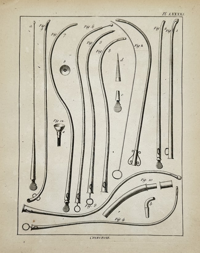 Denis Diderot (1713–1784) – Engraving of Surgical Instruments – Engraving (1751–1772): CHIRURGIE depicts a detailed technical arrangement of various surgical instruments, including probes, tubes, and medical tools used in clinical practice. This engraving originates from the plates sect