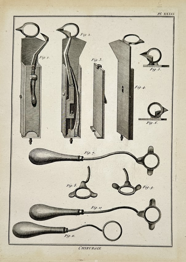 Denis Diderot (1713–1784) – Detailed Clinical Surgical Tools – Engraving (1751–1772): "CHIRURGIE" displays various technical medical tools, including specialized probes and tubes used for clinical procedures. This engraving appears in the plates section of the Encyclopédie, ou diction