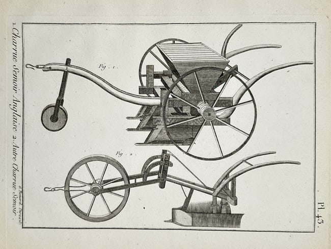 Robert Benard (1734-1777) – Engraving of English Seed Drill and Plow Designs – Engraving: "Charrue Semoir Anglaise" and "Autre Charrue Semoir" depict the mechanical structure and design of an English seed drill and a related agricultural plow. This engraving originates from the plates sect