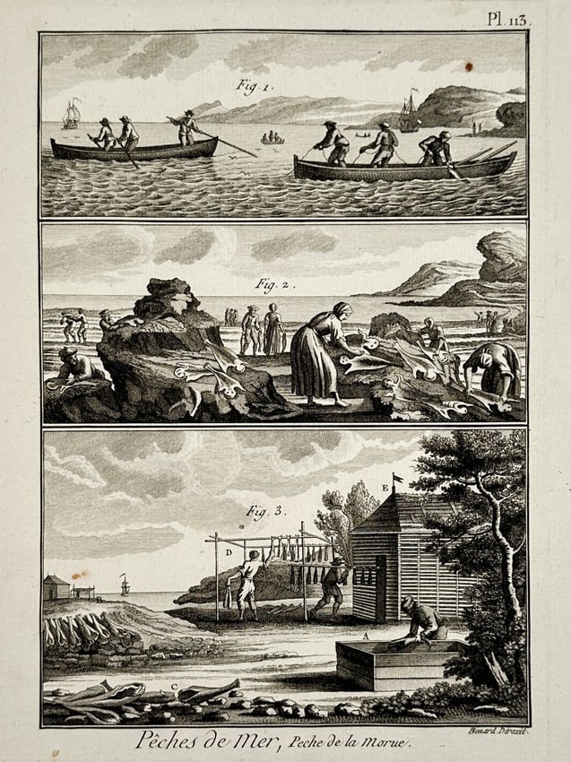 Robert Benard (1734-1777) – Fishing Boats and Cod Processing – Engraving (18th Century): "Pêches de Mer, Pêche de la Morue" depicts scenes of maritime cod fishing, including men in boats at sea, workers processing the catch on the shore, and the drying of fish at a coastal facility. Thi