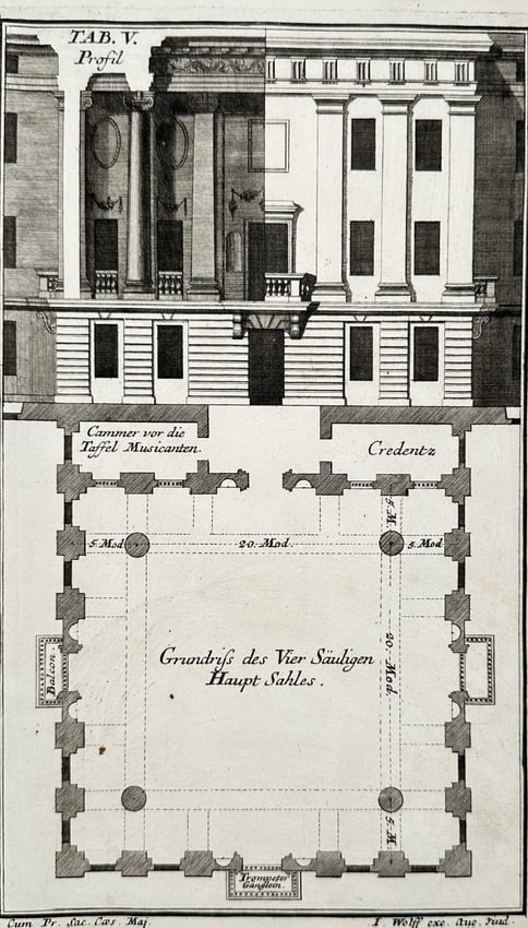 Leonhard Christoph Sturm – Architectural Profile and Floor Plan of the Four-Columned Main: "Profil" and "Grundriss des Vier Säuligen Haupt Sahles" display the cross-section and floor plan of a formal hall featuring four columns, including auxiliary spaces like a musicians' chamber and a bu