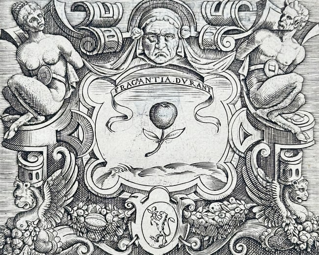 Girolamo Ruscelli – Francesco Sforza Emblem and Biography – Engraving (1566): Describes the coat of arms featuring a central plant emblem flanked by two figures, accompanied by a decorative paragraph detailing the biography and lineage of Francesco Sforza. This engraving origin