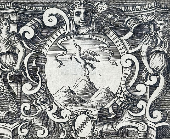Girolamo Ruscelli (1500–1566) – Iacomo Foscarini Emblem and Biography – Engraving (1566): Iacomo Foscarini Cavaliere, et Procurator di S. Marco describes the coat of arms featuring Pegasus on a mountain peak, surrounded by ornate decorative scrollwork and flanked by two figures. This engra