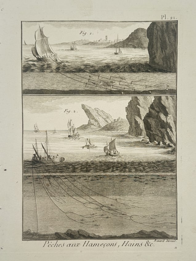Robert Benard (1734–1777) – Various Deep Sea Longline Fishing Techniques – Engraving: "Pêches aux Hameçons, Hains &c." illustrates two advanced methods of maritime longline fishing conducted in deep coastal waters. The top section depicts a single-masted sailing vessel navigating nea