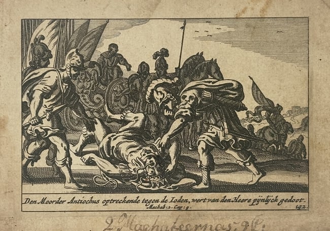 Pieter Hendriksz. Schut (1618–1660) – Death of Antiochus – Etching (1659): "Den Moorder Antiochus optreckende tegen de Joden, wert van den Heere pynlyck gedoot" illustrates a dramatic biblical scene from the second book of Maccabees. The composition shows the fallen King Ant
