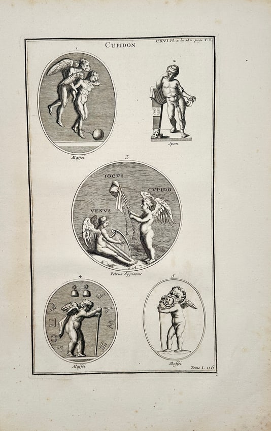 Bernard de Montfaucon (1655–1741) – Engraving of Cupidon – Engraving (1719): This engraving appears in the comprehensive work L'Antiquité expliquée et représentée en figures, authored by the Benedictine monk and scholar Bernard de Montfaucon. Montfaucon was a pioneer in th