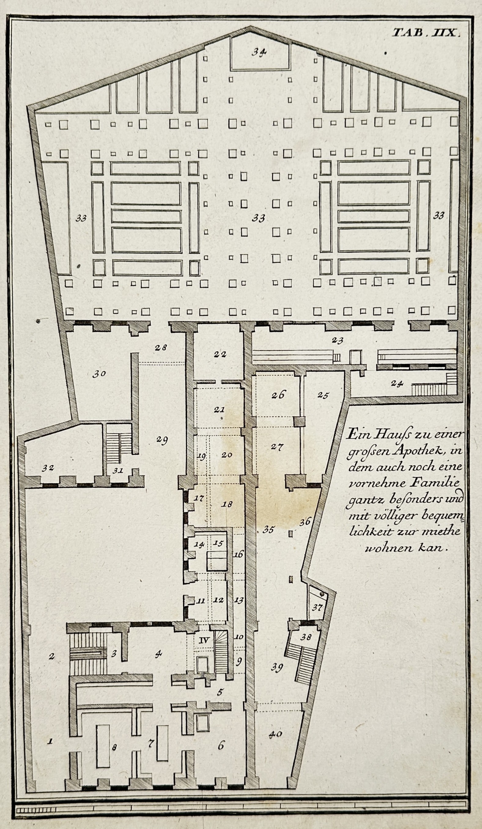 Nikolaus Goldmann (1611–1665) – Architectural Study: Ground Plan for a Large Apothecary and: "Ein Hauß zu einer grossen Apothek, in dem auch noch eine vornehme Familie gantz besonders und mit völliger bequemlichkeit zur miethe wohnen kan." is an engraving featuring a highly detailed archite