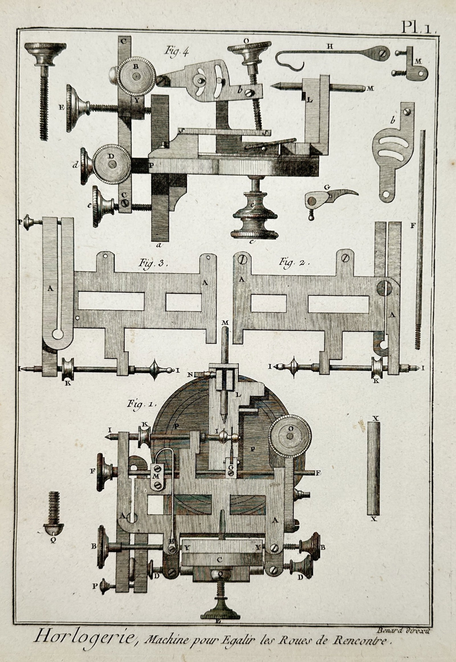 Robert Benard (1734–1777) – View of Industrial Study: Machine for Equalizing Escape Wheels: "Horlogerie, Machine pour Egalir les Roues de Rencontre." is an engraving featuring a technical horological study of a specialized machine designed for the precision filing and equalization of teeth o