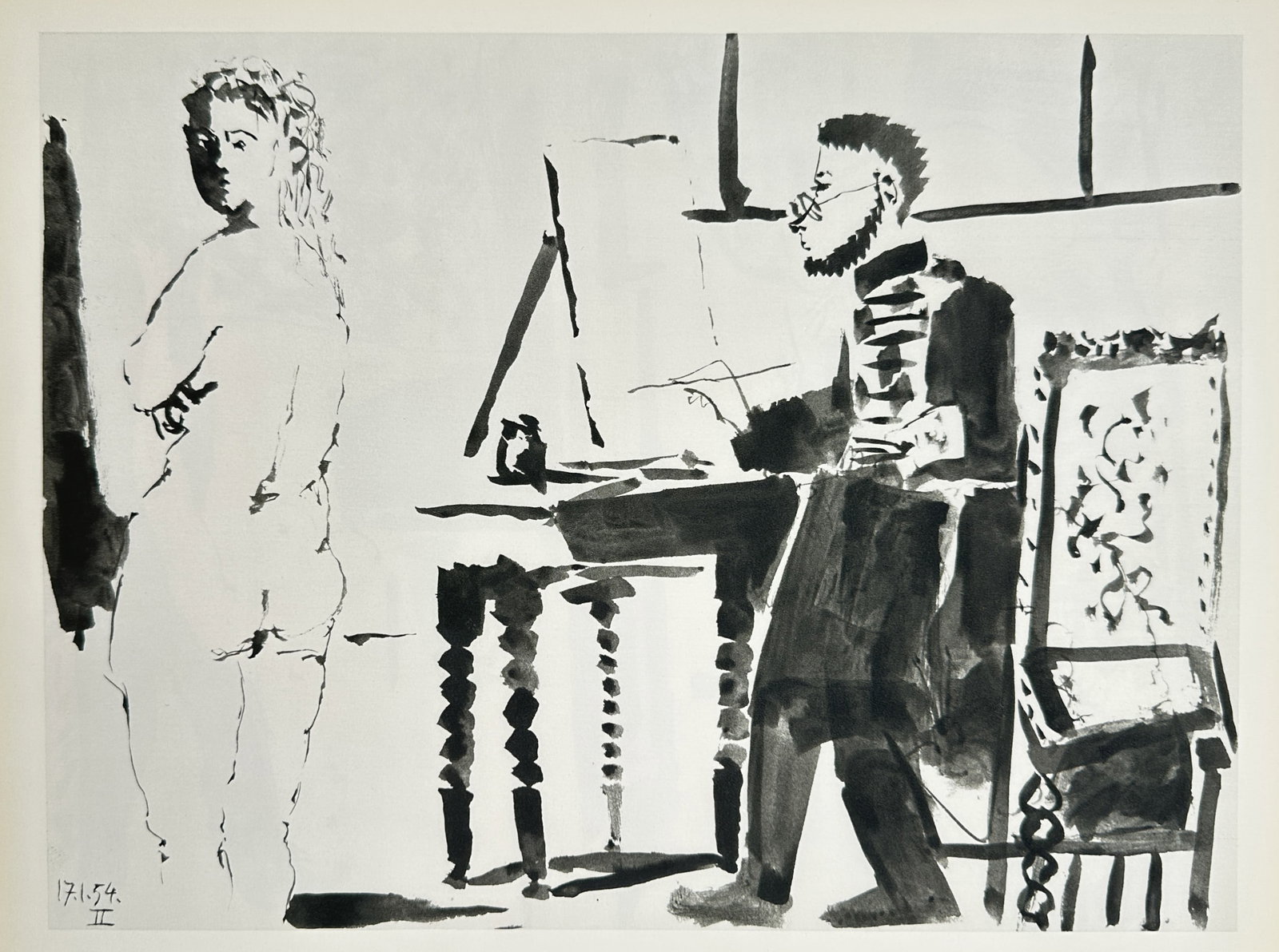 Pablo Picasso (1881–1973), after – Painter and Model – Offset print (20th Century): "La Comédie Humaine." This 20th Century offset print illustrates a studio scene with a painter and a standing nude model and was published in the suite La Comédie Humaine by Tériade for the magazin