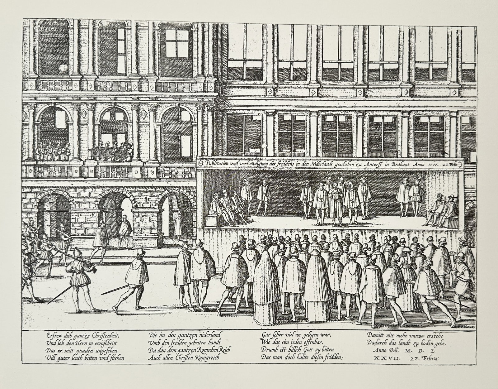 Frans Hogenberg (1535–1590) – The Spaniards Withdraw from Antwerp – Engraving (1960s): "De Spanjaarden trekken uit Antwerpen." This engraving depicts the departure of Spanish troops from Antwerp on March 26, 1577, following the Eternal Edict, and was published in a twentieth-century edi