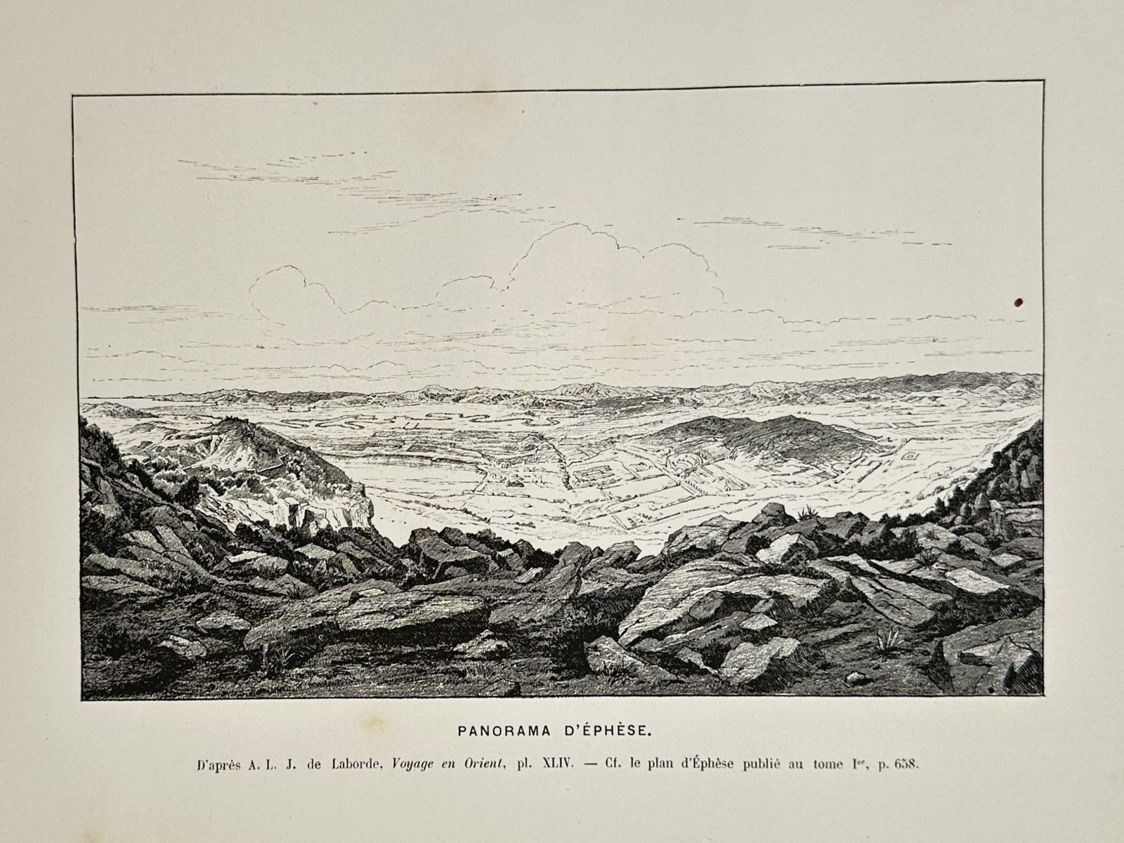 Victor Duruy (1811–1894) – Panorama of Ephesus – Wood engraving (1882): "Panorama d'Éphèse." This nineteenth-century wood engraving depicts a sweeping landscape view of the ancient city of Ephesus, based on a drawing by Léon de Laborde. It was published in Paris as par