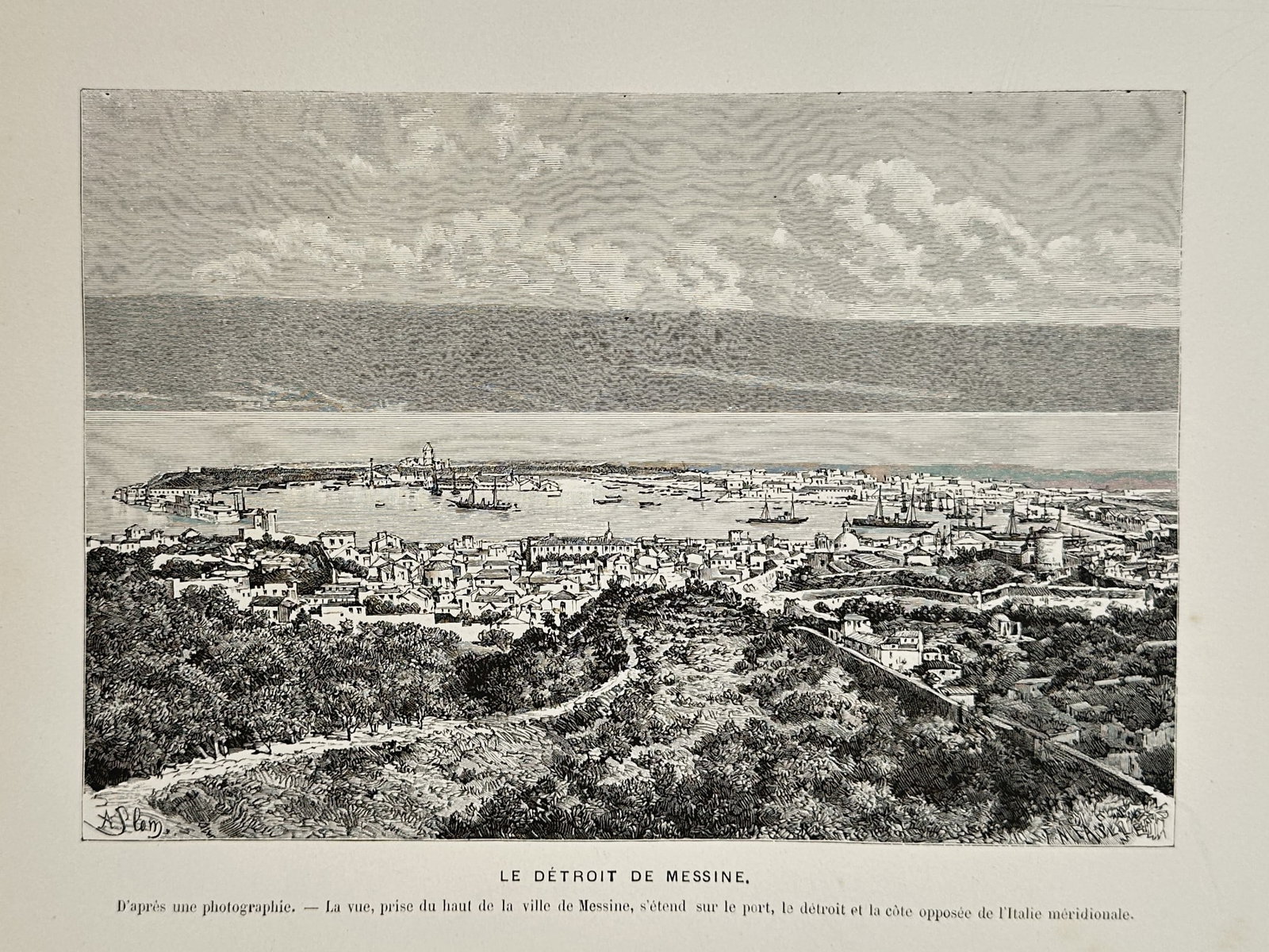 Victor Duruy (1811–1894) – The Strait of Messina – Wood engraving (1882): "Le Détroit de Messine." This nineteenth-century wood engraving captures a panoramic view of the Strait of Messina, seen from the heights above the city of Messina, Sicily. It was published in Paris