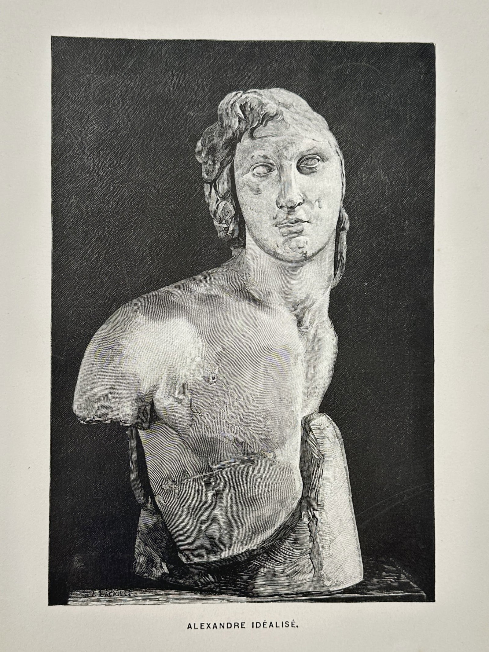 Victor Duruy (1811–1894) – Idealized Portrait of Alexander the Great – Wood engraving (1881): "Alexandre Idéalisé." This nineteenth-century wood engraving depicts an idealized marble bust of Alexander the Great, known for his conquest of the Persian Empire and the spread of Hellenistic cultu