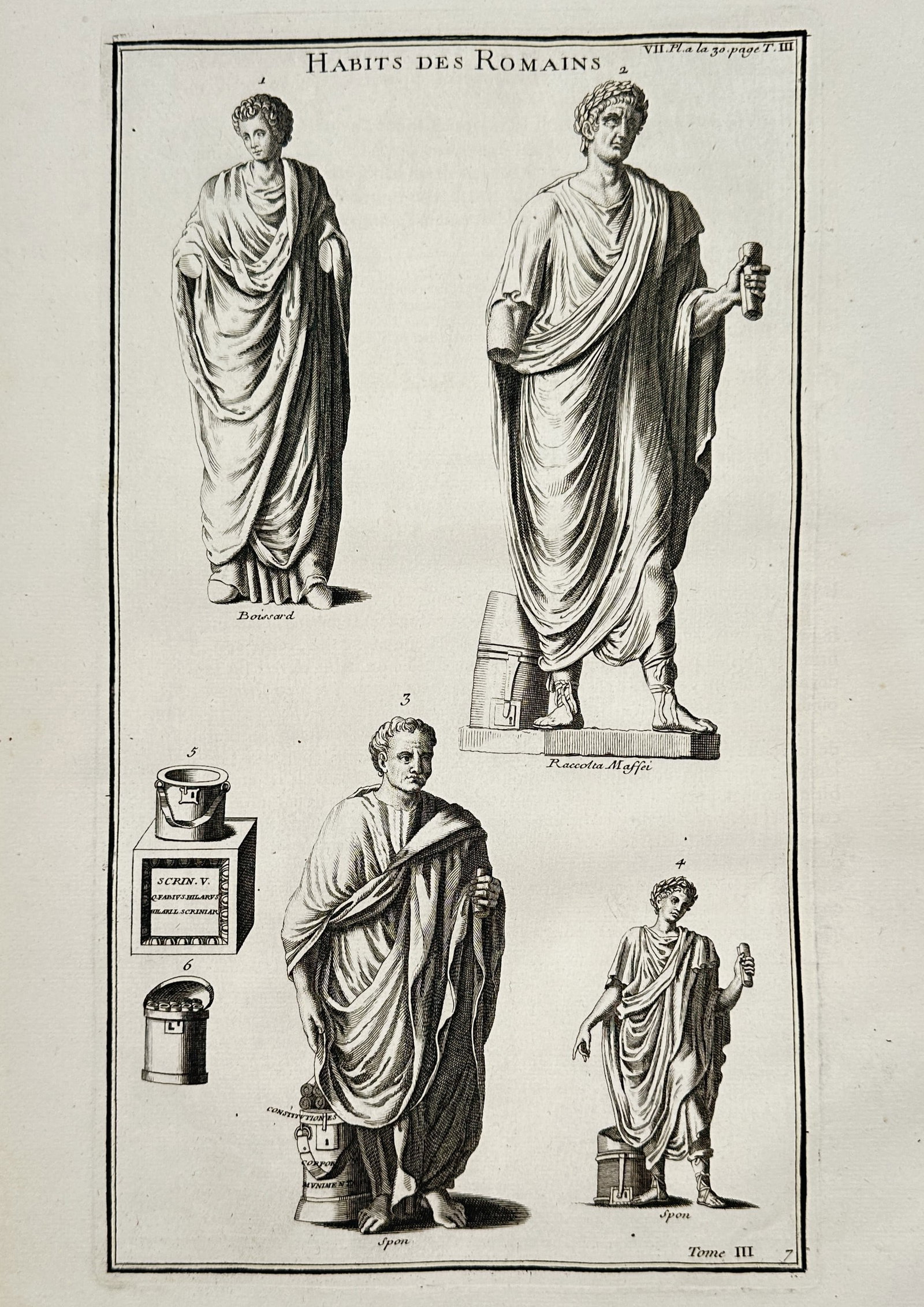 Bernard de Montfaucon (1655–1741) – Habits des Romains (Roman Dress and Equipment): "Habits des Romains." This eighteenth-century engraving provides a comprehensive look at the attire and personal equipment of the ancient Romans. It was published in Paris as part of Bernard de Montfa