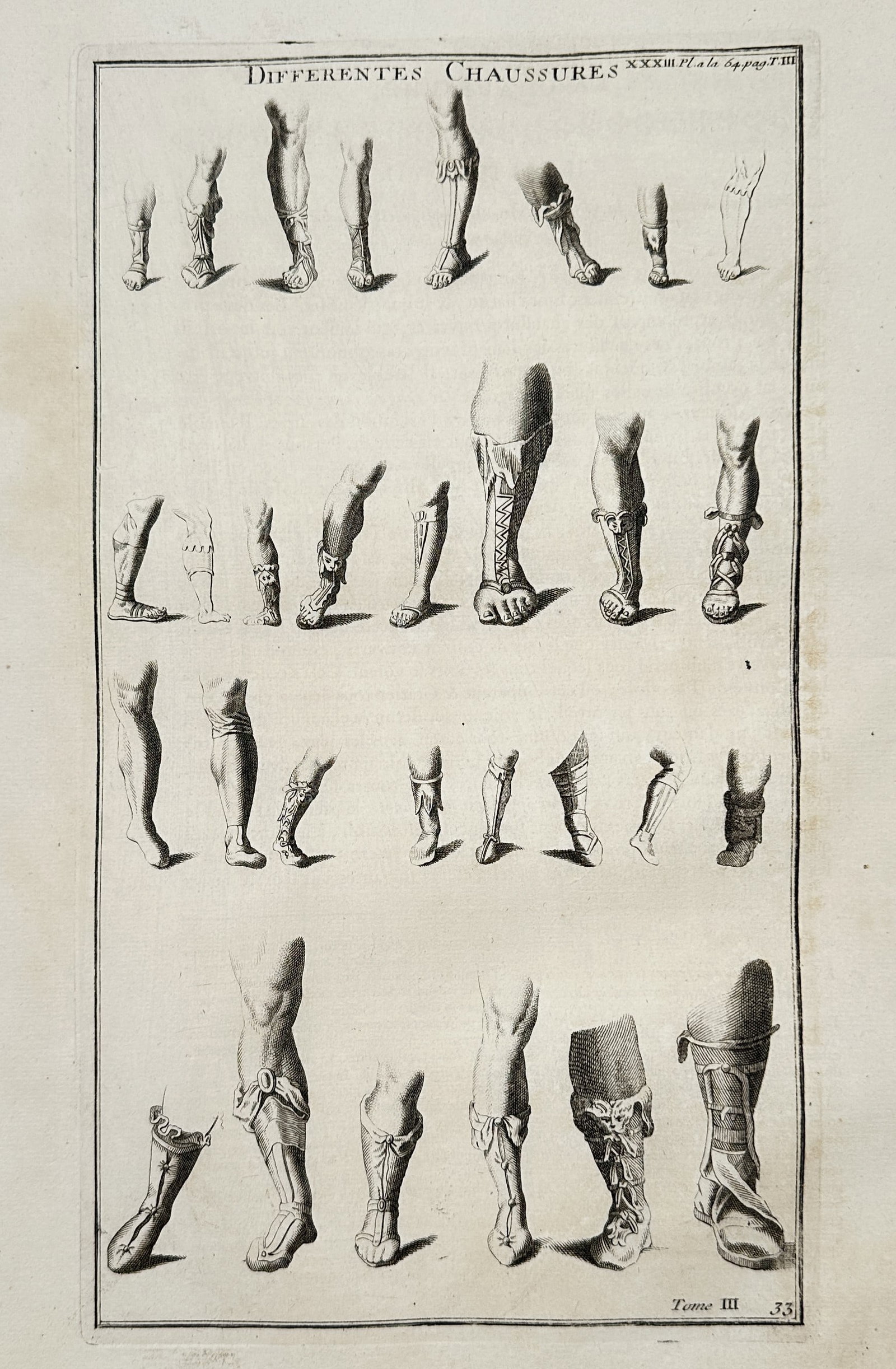 Bernard de Montfaucon (1655–1741) – Differentes Chaussures (Ancient Footwear) – Engraving: "Differentes Chaussures." This eighteenth-century engraving illustrates a vast array of ancient footwear styles, from simple sandals (soleae) to more elaborate calf-high boots (calcei and cothurni). I