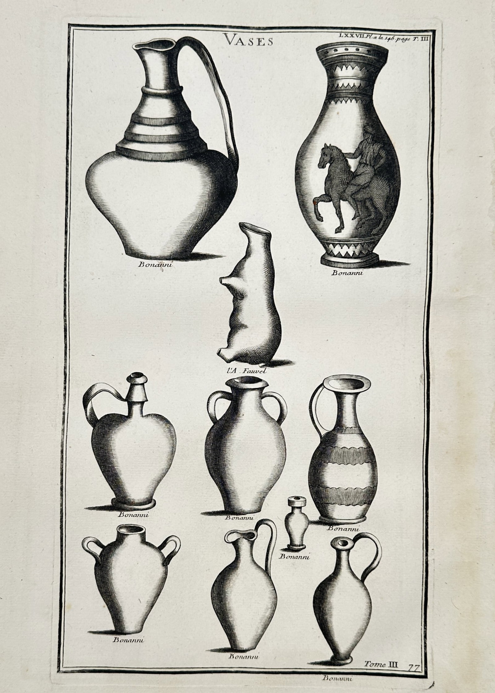Bernard de Montfaucon (1655–1741) – Ancient Vases – Engraving (1719): "Vases." This eighteenth-century engraving illustrates a collection of various ancient ceramic vessels, including amphorae, pitchers, and a vase decorated with a horseman, based on items from the Bona