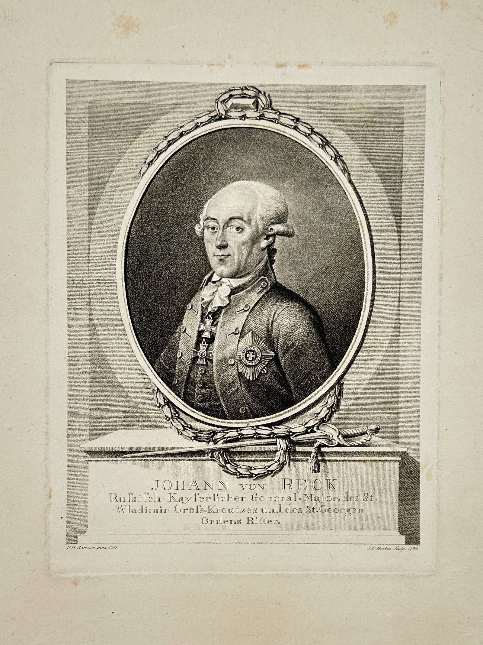 Friedrich Hartmann Barisien (1724–1796) – Portrait of Johann von Reck – Engraving (1790): "Johann von Reck." This eighteenth-century engraving depicts the high-ranking military official and diplomat Johann von Reck in a formal oval frame resting upon a stone plinth, adorned with a sword an