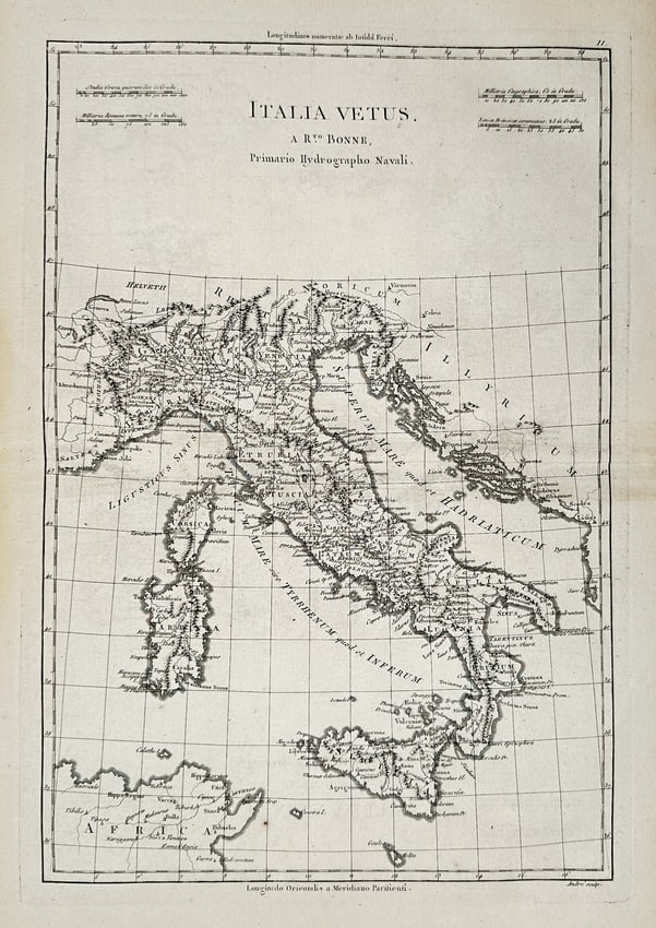 Rigobert Bonne (1727–1794) – Map of Ancient Italy – Italy – Engraving (1780): "ITALIA VETUS" depicts the geography of ancient Italy, detailing its regional divisions, major cities, and surrounding seas as understood during antiquity. This engraving is a historical cartographic
