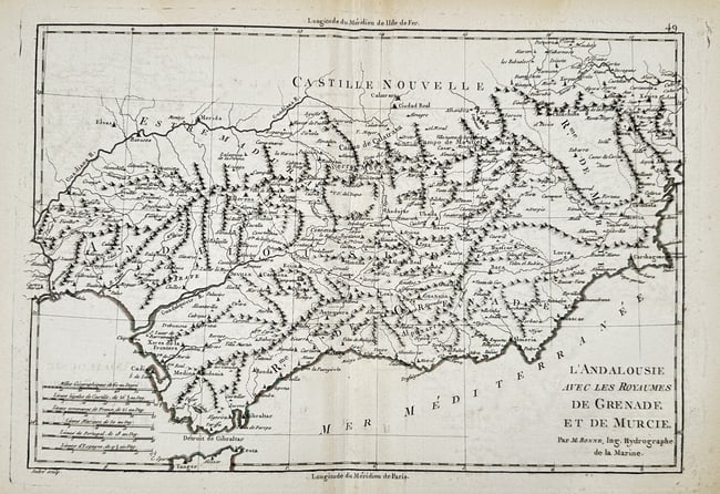 Rigobert Bonne (1727–1794) – Map of Andalusia and the Kingdoms of Granada and Murcia – Spain: "L'Andalousie avec les Royaumes de Grenade et de Murcie" depicts the southern portion of Spain, encompassing the historical territories of Andalusia, Granada, and Murcia. This engraving is a historica