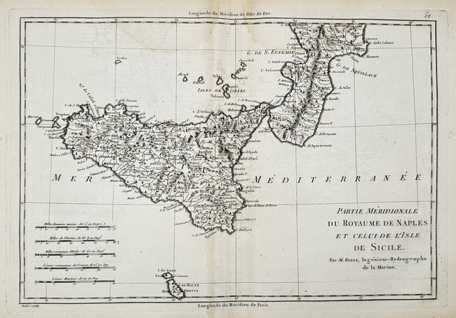 Rigobert Bonne (1727–1794) – Map of Southern Naples and Sicily – Italy – Engraving (1780): "PARTIE MÉRIDIONALE DU ROYAUME DE NAPLES ET CELUI DE L'ISLE DE SICILE" displays the geography of the southern portion of the Kingdom of Naples and the island of Sicily, illustrating coastal contours,