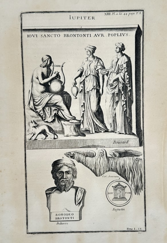 Bernard de Montfaucon (1655–1741) – Archaeological Study of Jupiter – Engraving (1719): "JUPITER" illustrates archaeological findings related to the deity, featuring classical scenes, a sculptural bust, and a coin depiction. This work is a plate from L'Antiquité expliquée et représent