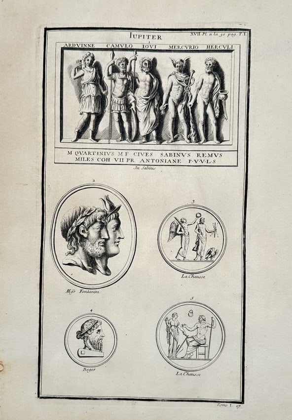 Bernard de Montfaucon (1655–1741) – Archaeological Study of Jupiter and Classical Deities: "JUPITER" features an archaeological illustration of a relief frieze showing the figures of Arduinne, Camvlo, Iovi, Mercurio, and Hercvli, alongside various coin and cameo depictions including double-