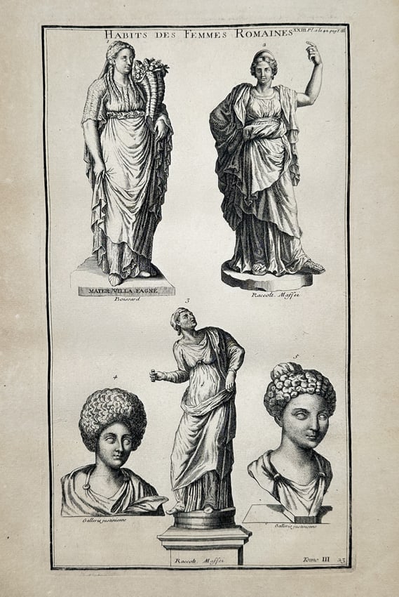 Bernard de Montfaucon (1655–1741) – Archaeological Study of Roman Women's Attire – Engraving: "HABITS DES FEMMES ROMAINES" displays various Roman female figures and busts, including a statue representing Mater Villa Faune holding a cornucopia alongside other classical sculptural depictions. Th