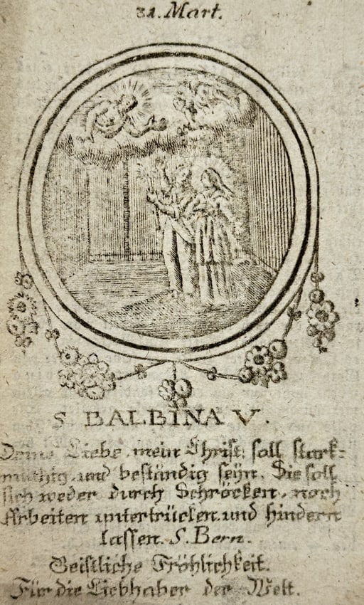 Franz Xavier Weninger (1805–1888) – Religious Devotional Card of Saint Balbina – Engraving: "S. BALBINA V." depicts Saint Balbina standing in a devotional interior setting, centrally framed within an oval. This devotional work includes German text detailing religious reflections on the stead