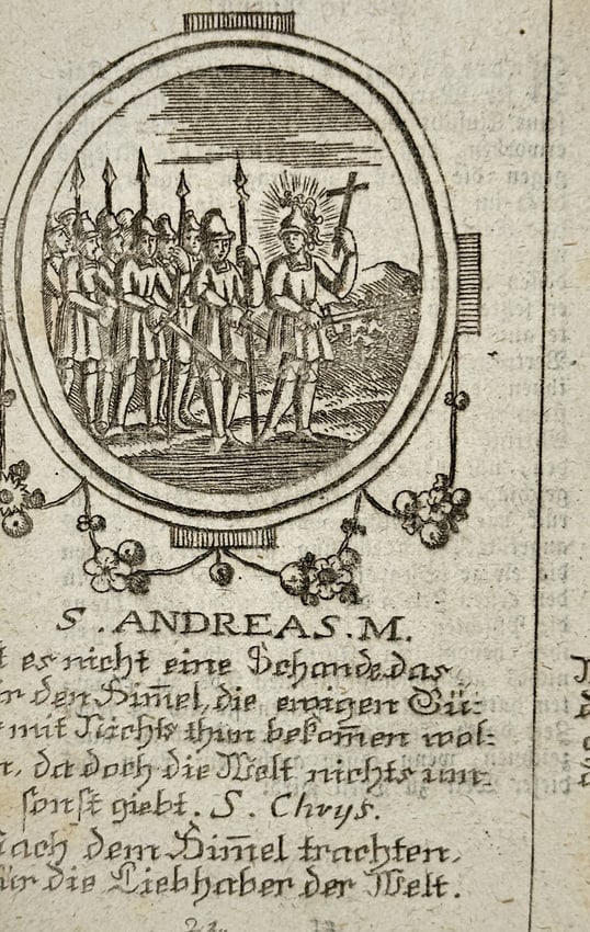 Franz Xavier Weninger (1805-1888) - Religious Devotional Card of Saint Andrew - Engraving: "S. ANDREAS M." depicts Saint Andrew the Martyr surrounded by a group of soldiers, centrally framed within an oval with floral details. This devotional work includes German text detailing religious re
