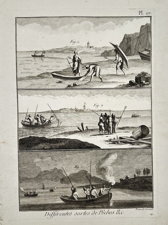 Robert Benard (1734-1785) – Illustration of Various Fishing Methods – Engraving (18th Century): "Différentes sortes de Pêches & c." depicts three distinct scenes of aquatic harvest techniques, featuring fishermen on shore, in small boats with nets, and using fire-lit poles at night. This work