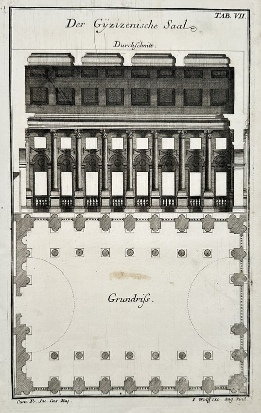 Leonhard Christoph Sturm – Architectural Study of the Gyzizen Hall – Engraving (18th Century): "Der Gyzizenische Saal" displays the cross-section and floor plan of a hall, illustrating its structural columns, arched elements, and spatial layout. This engraving originates from a treatise on arch