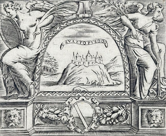 Girolamo Ruscelli (1518–1566) – Emblem of Il Conte Giovan Battista Brembato – Engraving (1566): "Il Conte Giovan Battista Brembato" features a central emblem depicting a city situated atop a hill, framed by two seated allegorical figures and an intricate, symmetrical border. The accompanying tex