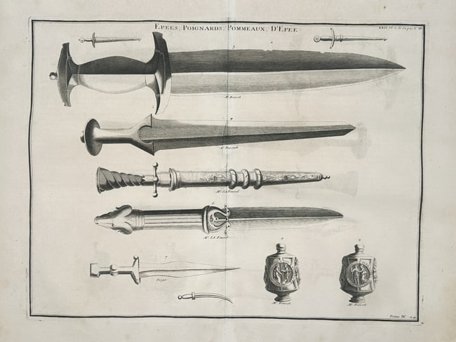 Bernard de Montfaucon (1655–1741) – Ancient Swords, Daggers, and Pommels – Engraving: "Epees, Poignards, Pommeaux d'Epee" illustrates a scholarly study of ancient bladed weaponry and hilt components based on classical artifacts. The engraving displays a variety of swords and daggers in
