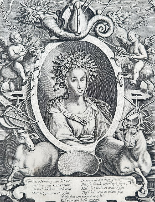 Jacob Cats (1577–1660) – Galathea or Shepherds Complaint – engraving (1632): This engraving presents a sophisticated allegorical portrait of Galathea, featured as the frontispiece for the section Galathea, of Herders-minneklacht. The central oval portrait depicts a woman weari