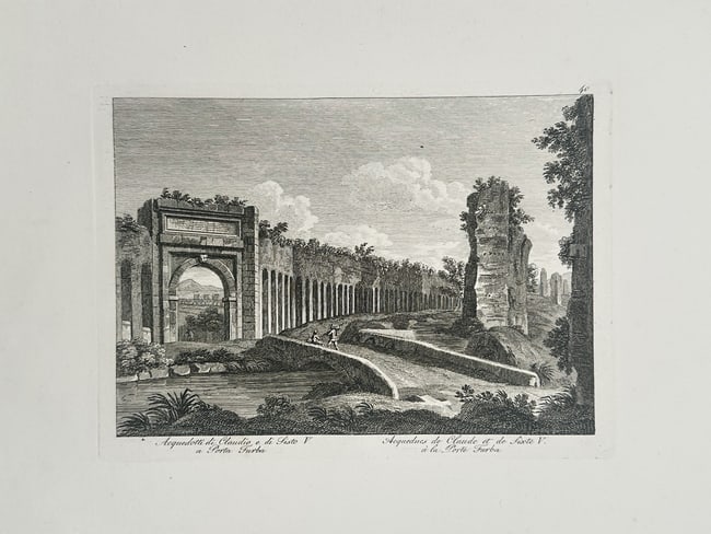 Pietro Parboni (1783–1841) – Aqueducts of Claudius and Sixtus V at Porta Furba – Rome, Italy: "Acquedotti di Claudio e di Sisto V a Porta Furba. Acqueducs de Claude et de Sixte V à la Porta Furba" depicts the intersection of two significant Roman water systems. The composition features the mo