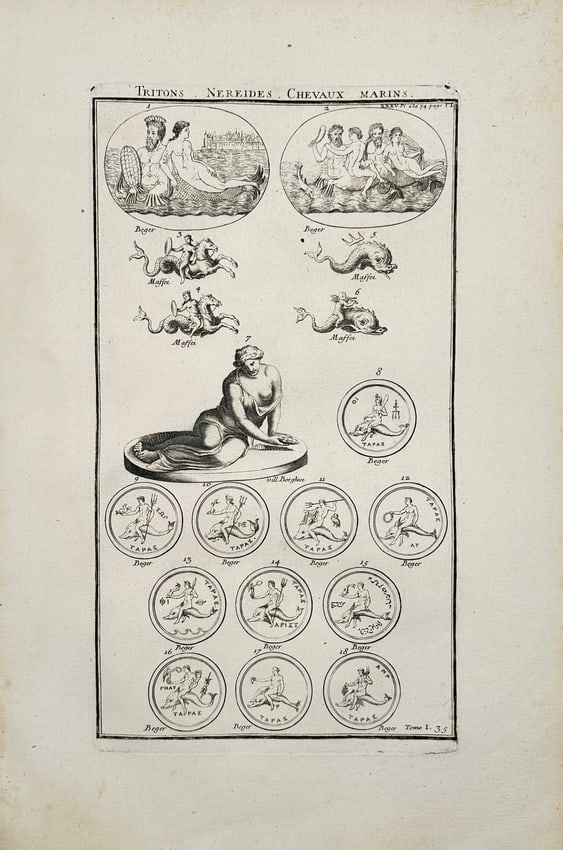 Bernard de Montfaucon (1655–1741) – Engraving of Ancient Vases – Engraving (1719): This engraving appears in the comprehensive work L'Antiquité expliquée et représentée en figures, authored by the Benedictine monk and scholar Bernard de Montfaucon. Montfaucon was a pioneer in th