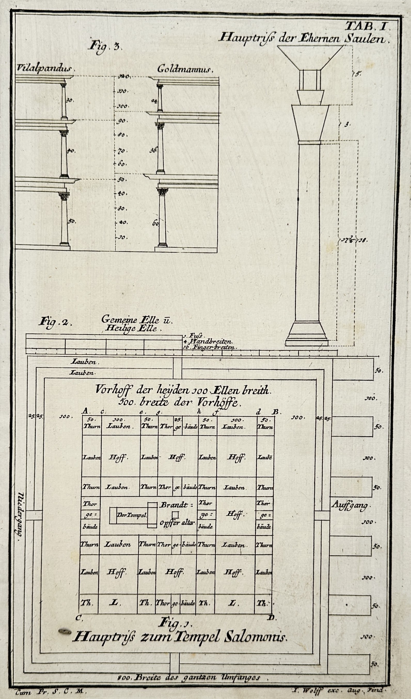 Nikolaus Goldmann – View of Architectural Study: Ground Plan and Columns of Solomon’s Temple: "Hauptriß zum Tempel Salomonis. Hauptriß der Ehernen Saulen." is an engraving featuring a scientific architectural study of the Temple of Solomon, illustrating a detailed ground plan of the outer co