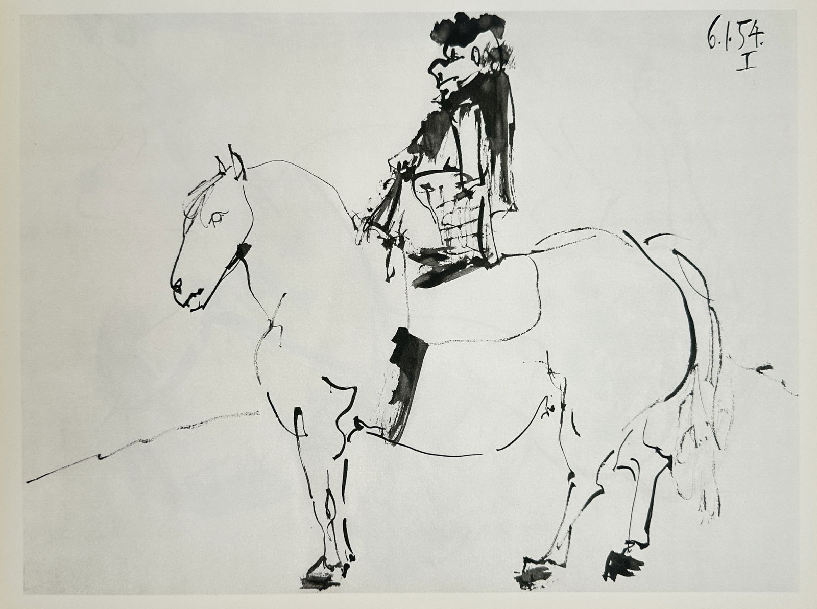 Pablo Picasso (1881–1973), after – Man on Horseback – Offset print (20th Century): "Cavalier." This 20th Century offset print depicts a sketch of a rider on a horse and was published in the portfolio Picasso: Dessins 1903–1907 by Editions Cercle d'Art in Paris. Pablo Picasso was a