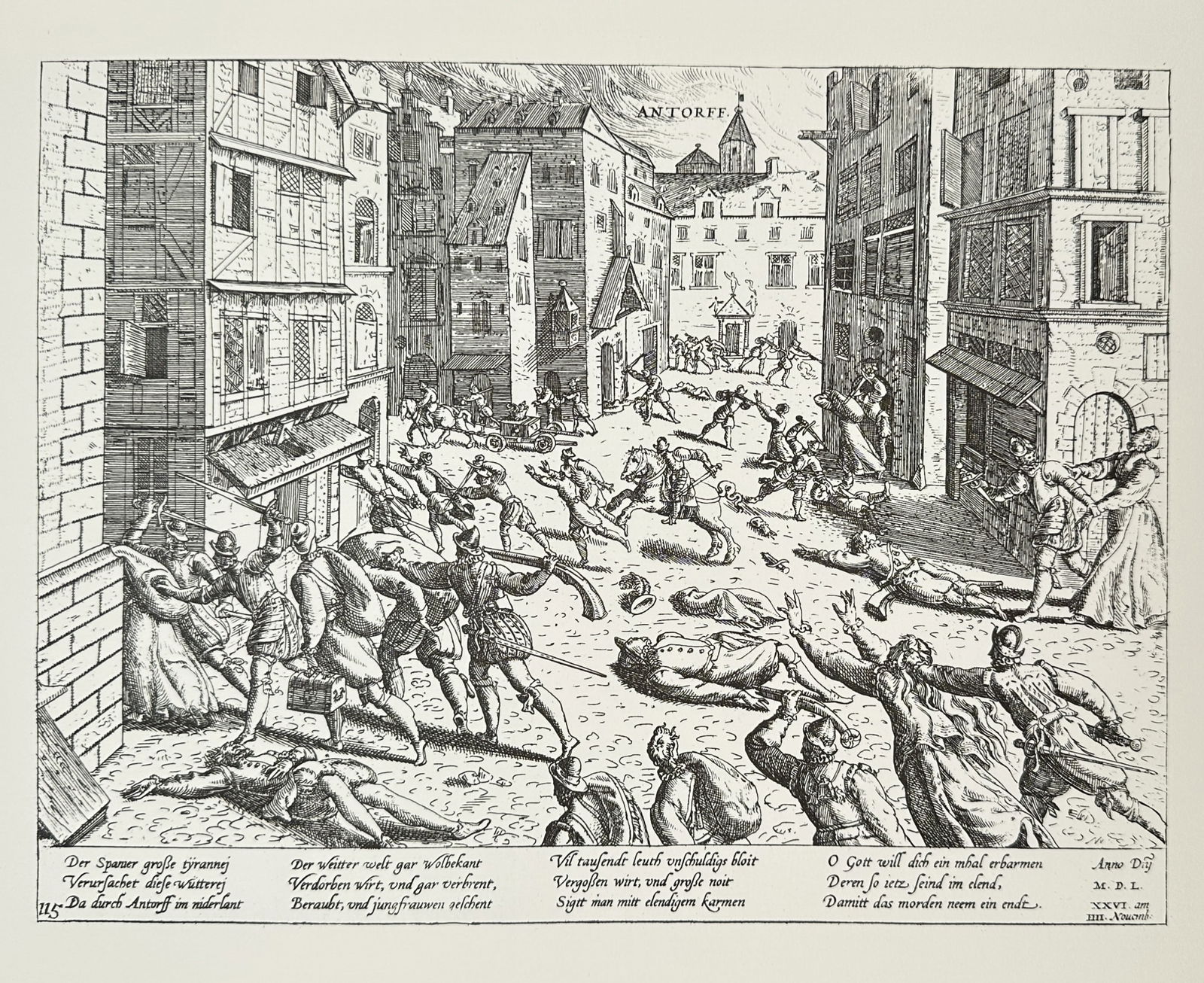Frans Hogenberg (c. 1535–1590) – Street Scene of the Spanish Fury in Antwerp – Engraving: "Antorff." This engraving from a twentieth-century edition depicts the violence and turmoil of the Spanish Fury in the streets of Antwerp and was published in the 1960s. Frans Hogenberg was a Flemish
