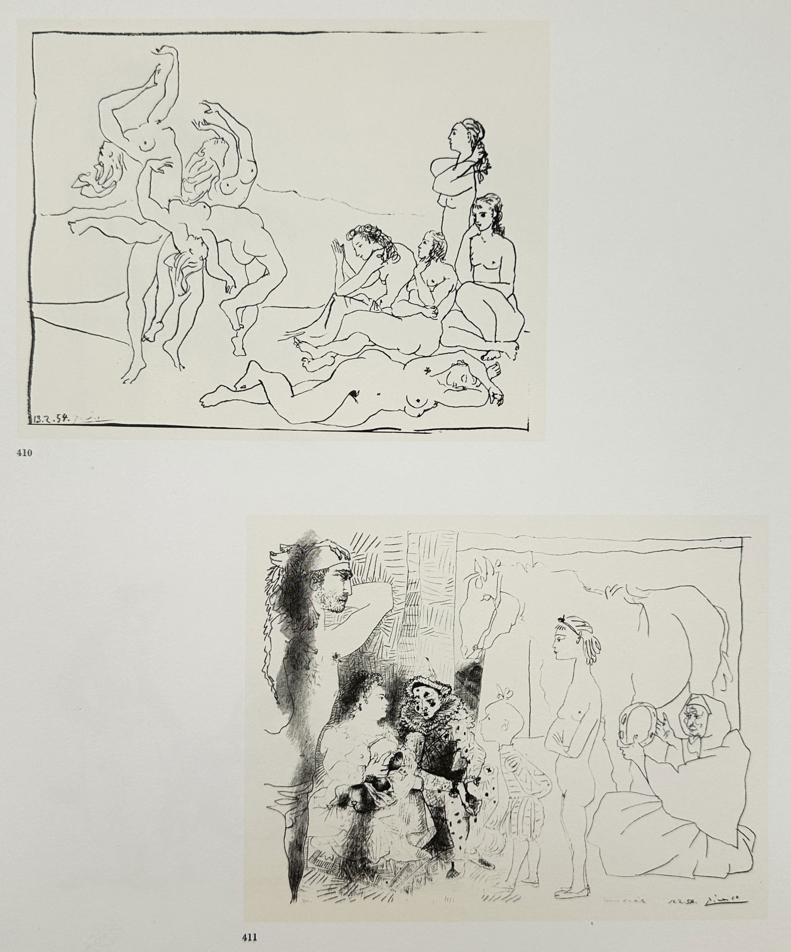 Pablo Picasso (1881–1973), after – Nudes and Saltimbanques – Offset print (20th Century): This 20th Century offset print features two distinct compositions: a group of dancing and reclining nudes (dated February 13, 1954) and a scene of saltimbanques with a horse. These works were publishe