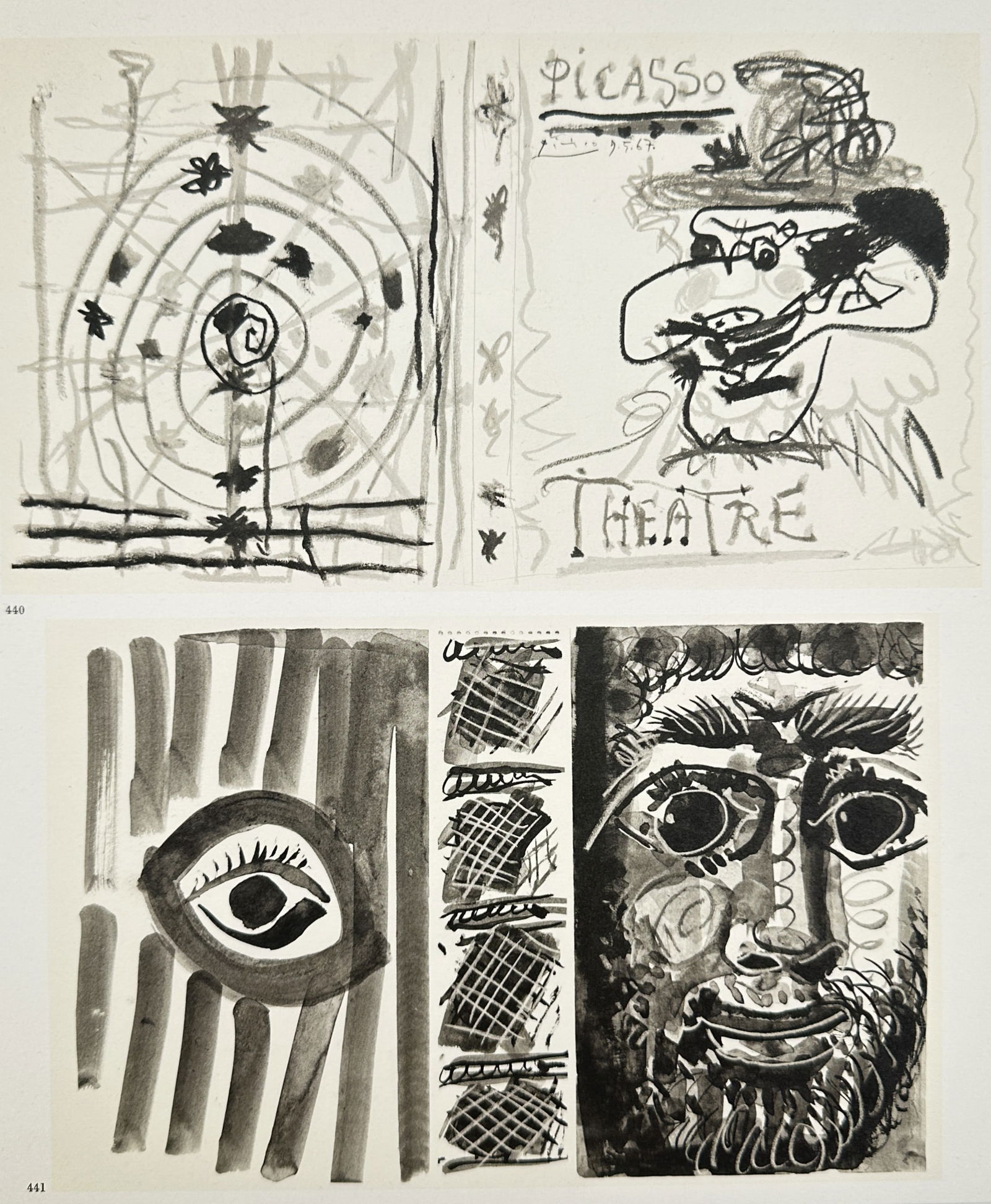 Pablo Picasso (1881–1973), after – Sketches for "Picasso Theatre" – Offset print (20th: "Picasso Theatre." This 20th Century offset print features a composite of experimental sketches, including eye motifs, typographical designs for "Picasso Theatre," and a bold, bearded face. It was pub